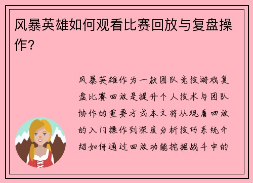 风暴英雄如何观看比赛回放与复盘操作？